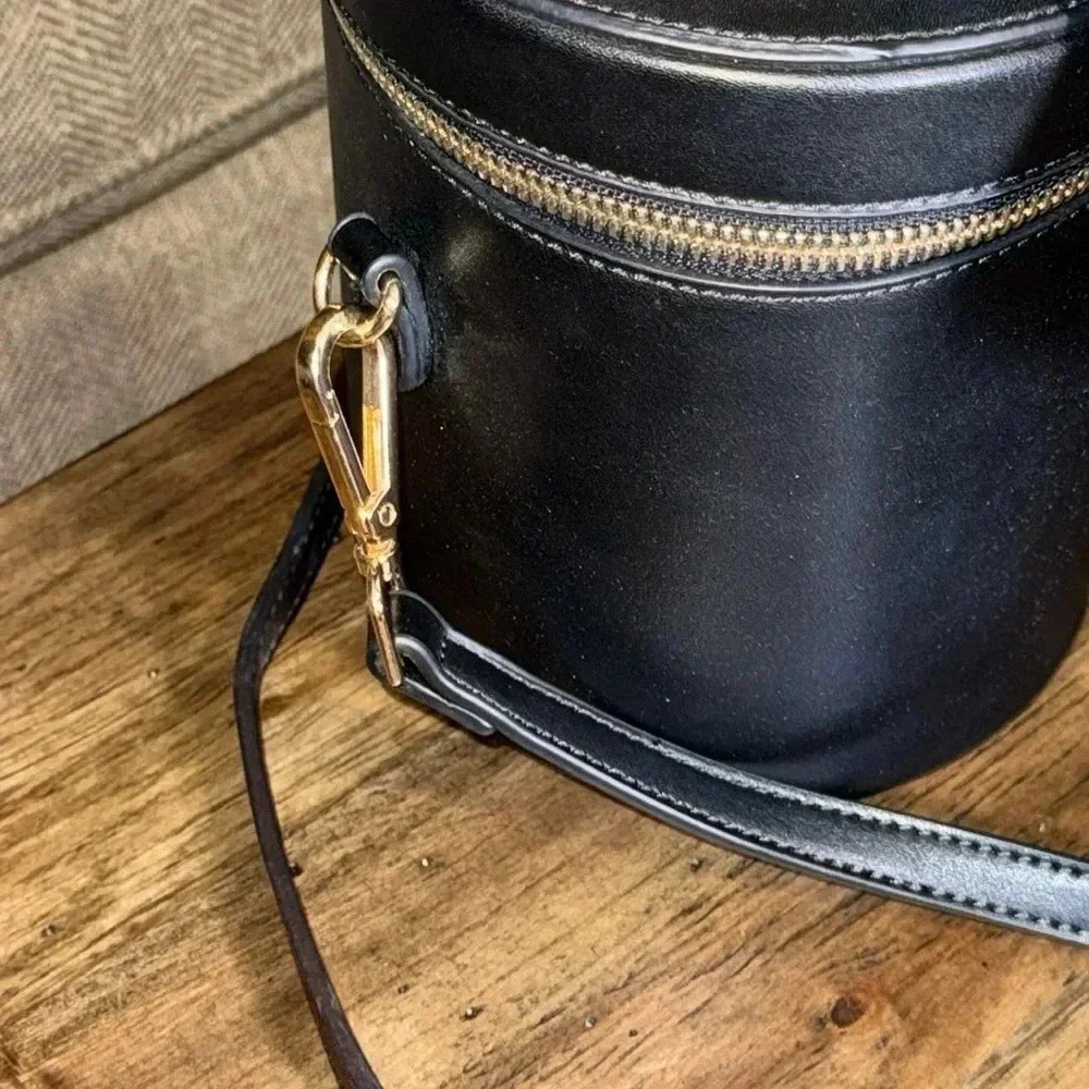 Street Level Cylinder Zippered Top Handle Shoulder Bag Black Leather Purse - Picture 7 of 11